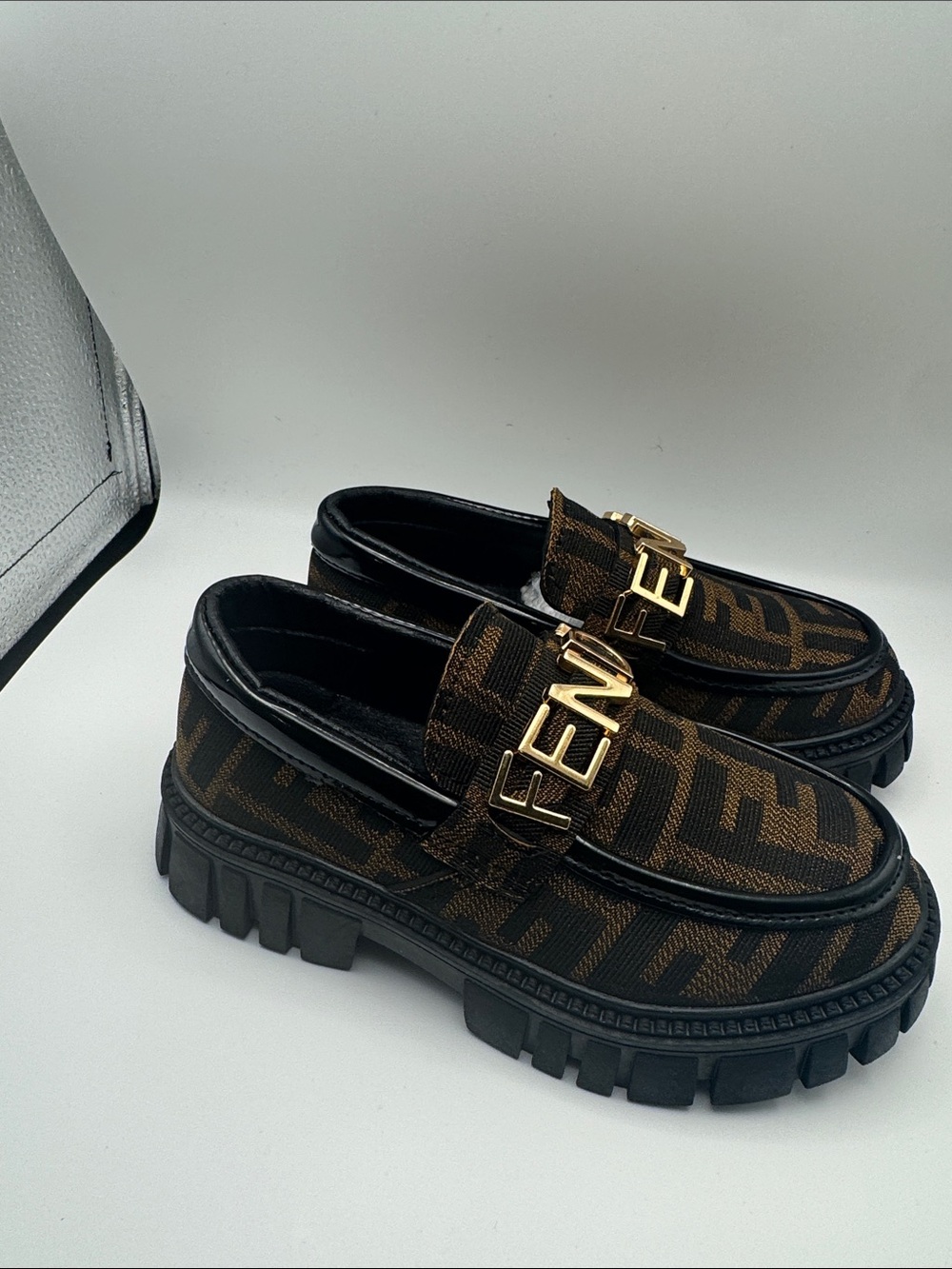 Fendi Brown & Black Logo Chunky Loafers with Gold Logo Hardware